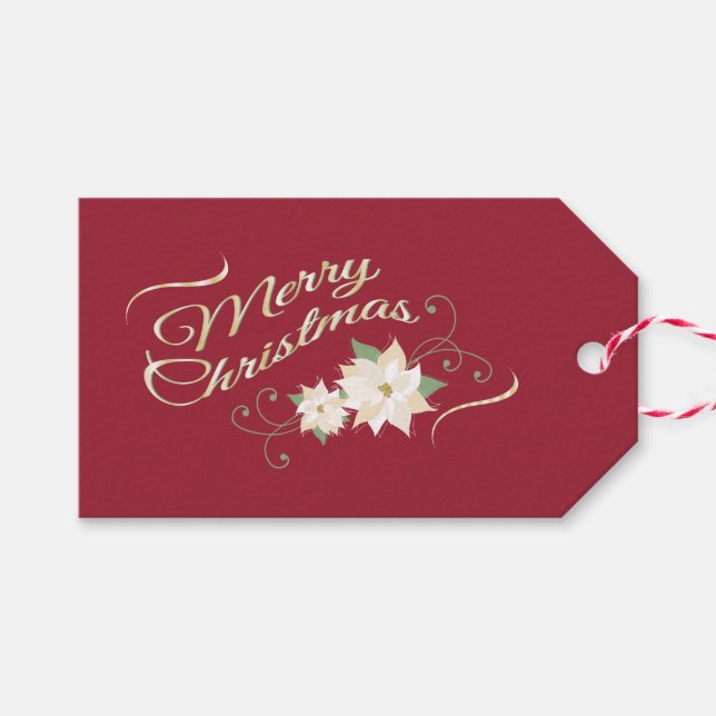 White Poinsettias auf Dunkelrot, Frohe Weihnachten Geschenkanhänger (Vorderseite (Horizontal))