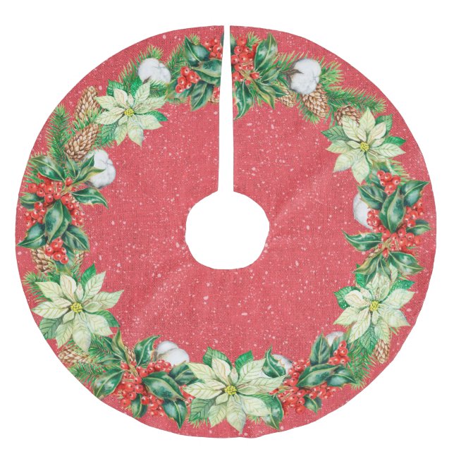 White Poinsettias, Holly und Berries Polyester Weihnachtsbaumdecke (Vorderseite)