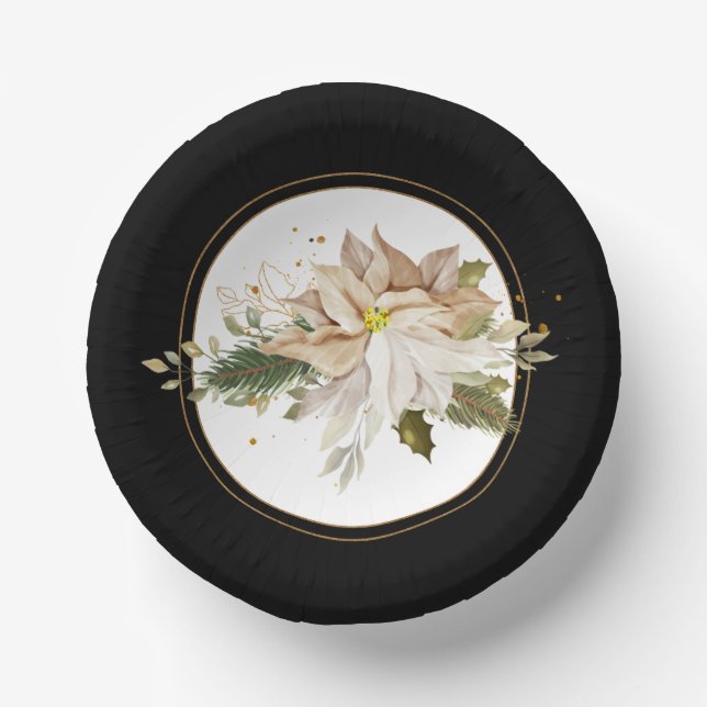 White Poinsettias & Imitate Gold Glitzer Blätter Pappteller (Vorderseite)