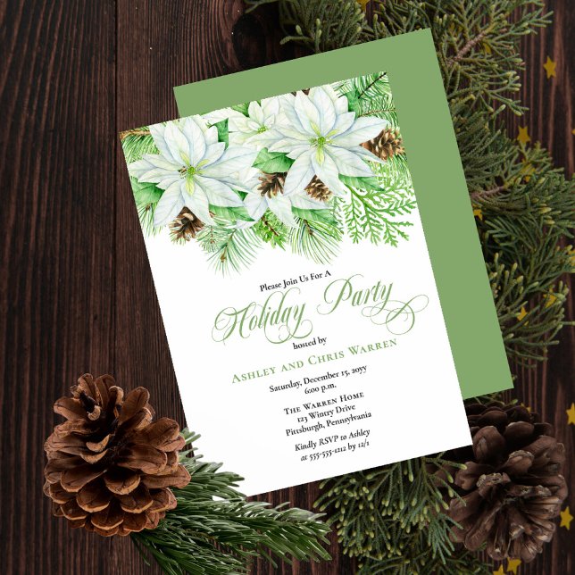 White Poinsettias | Pinecones Pine Holiday Party Einladung (Von Creator hochgeladen)