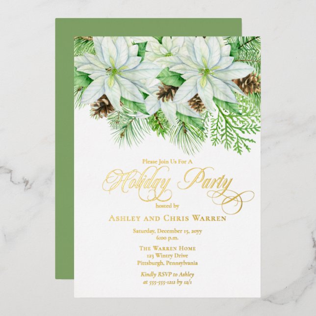 White Poinsettias | Pinecones Pine Holiday Party F Folieneinladung (Vorderseite/Rückseite)
