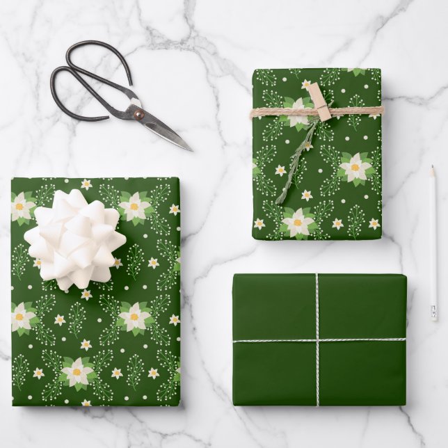 White Poinsettias über den grünen Hintergrund Geschenkpapier Set (Vorderseite)