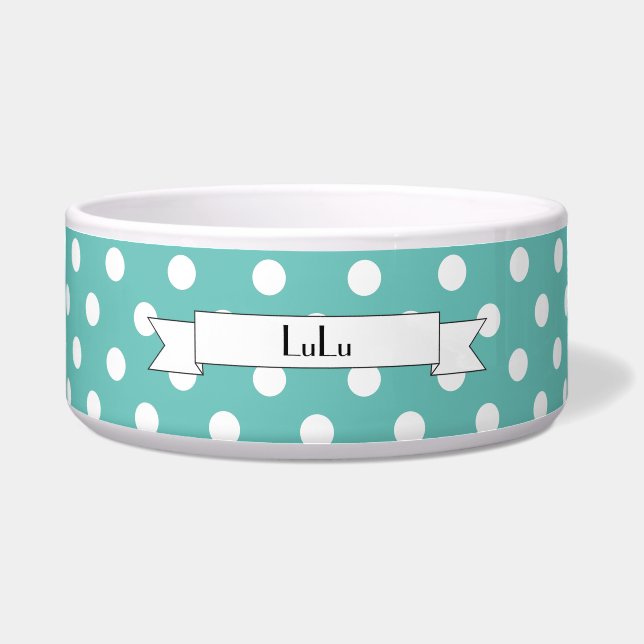 White Polka Dot Keramik Dog Food Bowl - HAMbWG Napf (Vorderseite)
