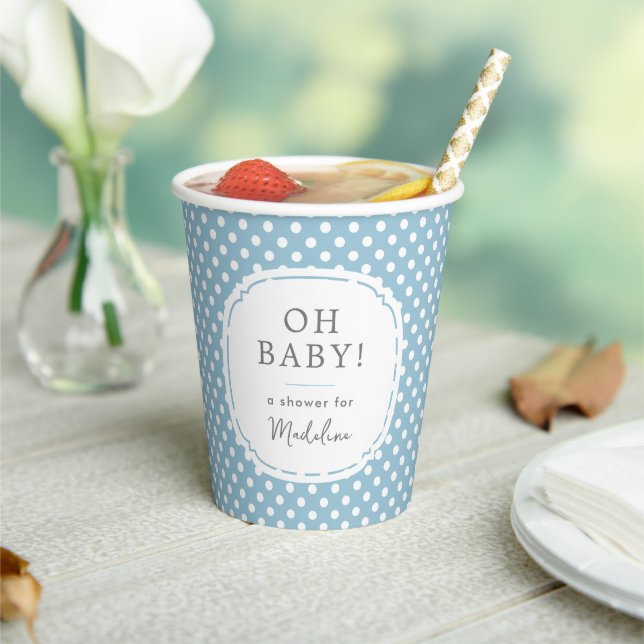 White Polka Dot Pattern Oh Baby Dusche blau Pappbecher (In Situ)