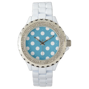White Polka Dots auf Peacock Blue Background Armbanduhr
