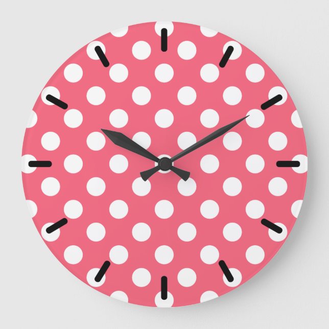 White polka dots on coral große wanduhr (Vorderseite)