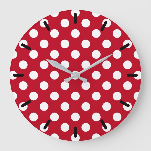 White polka dots on red große wanduhr (Vorderseite)