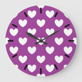 White polka hearts on purple große wanduhr