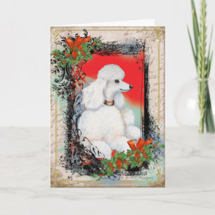 White Poodle Christmas Vintage Style Print Card Feiertagskarte