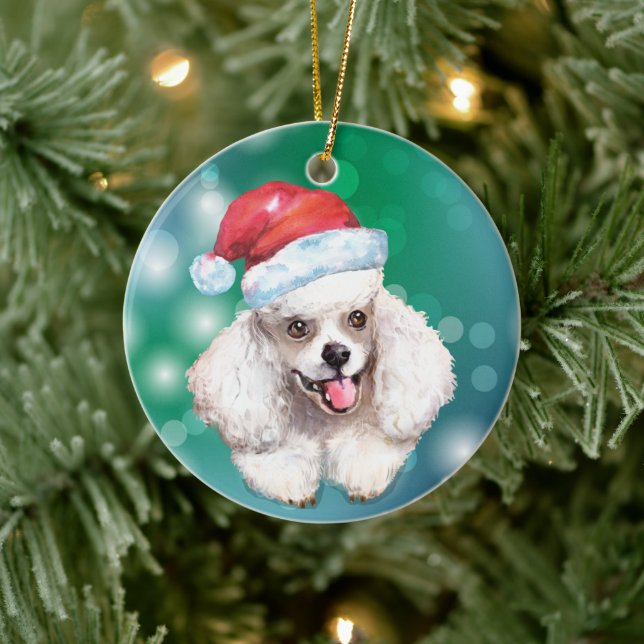 White Poodle Dog Rote Weihnachtsmannmütze Weihnach Keramik Ornament (Baum)