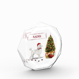 White Poodle Funny Christmas Dog mit Baum Fotoblock