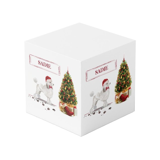 White Poodle Funny Christmas Dog mit Baum Würfel (Rückseite Schrägansicht)
