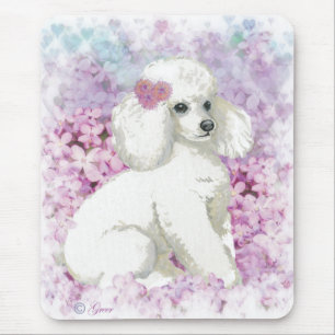 White Poodle in Lilacs Kunst und Geschenke Mousepad
