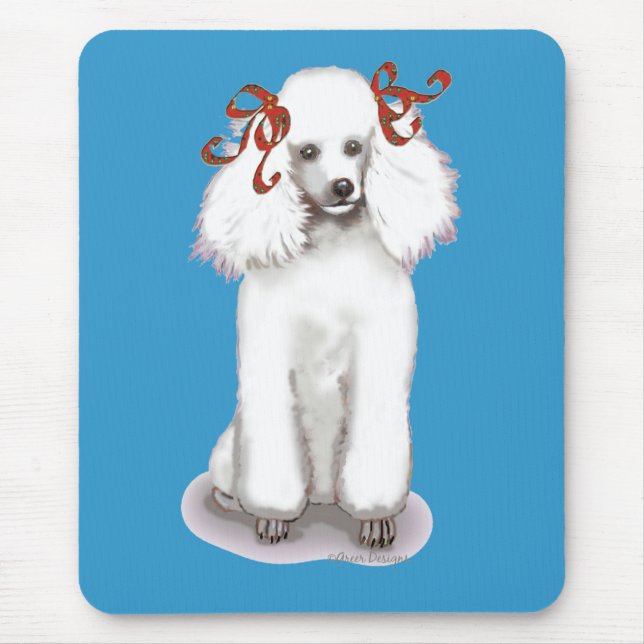 White Poodle in Red Bows Portrait Mousepad (Vorne)