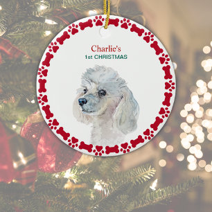 White Poodle Personalisiert Watercolor Weihnachten Keramik Ornament