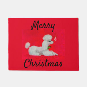 White Poodle über Weihnachten auf dem roten Teppi Fußmatte