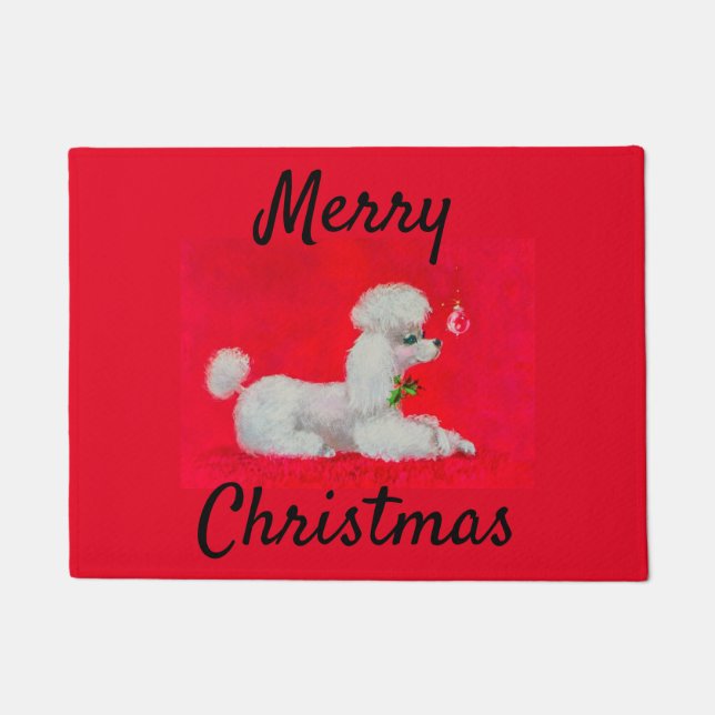 White Poodle über Weihnachten auf dem roten Teppic Fußmatte (Vorderseite)