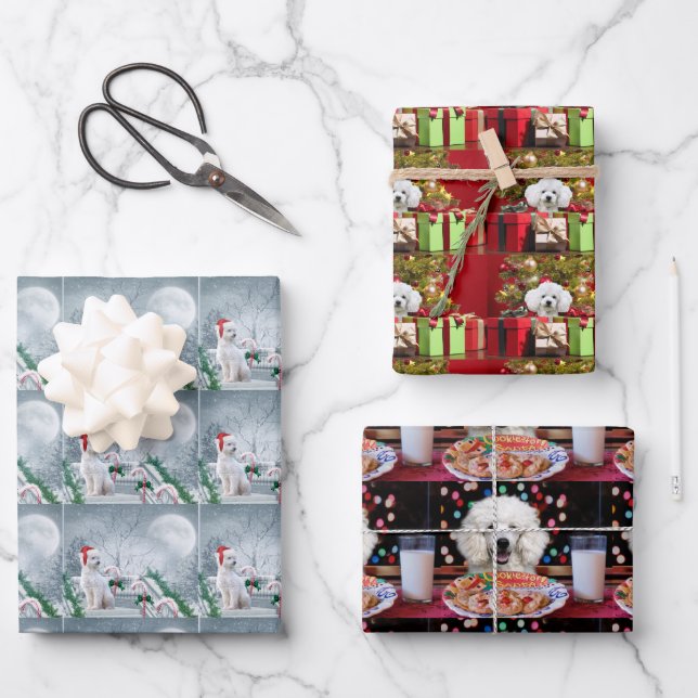 White Poodle Weihnachten Geschenkpapier Set (Vorderseite)