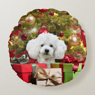 White Poodle Weihnachten Rundes Kissen