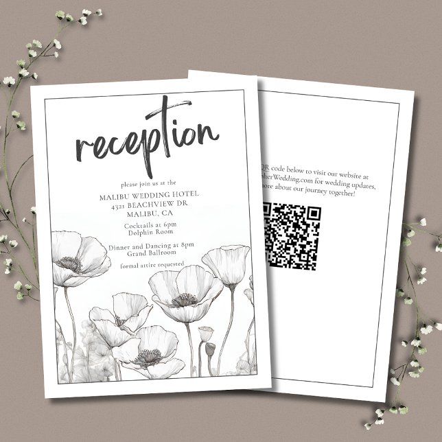White Poppies Elegante Hochzeitsempfehlung Begleitkarte (Elegant Wedding Reception Enclosure Card with White on White California Poppies and QR Code.)