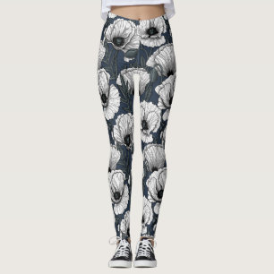 White poppies on navy leggings