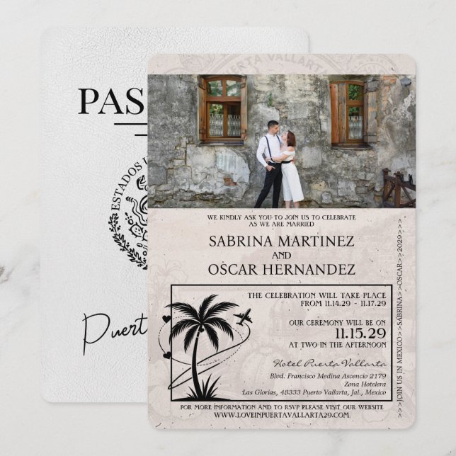 White Puerta Vallarta Passport Wedding Einladung (Vorne/Hinten)