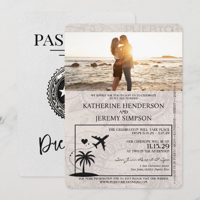 White Puerto Rico Passport Wedding Einladung (Vorne/Hinten)