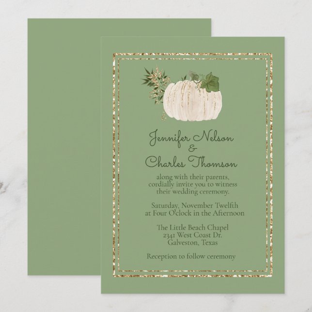 White Pumkin Green Wedding Einladung (Vorne/Hinten)