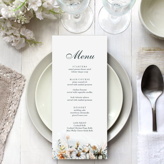 White Pumpkin and Wildblumen Wedding Menu Card Menükarte (White Pumpkin and Wildflowers Wedding Menu Card on a beautiful white and silver dinner table.)