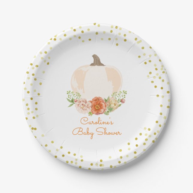 White Pumpkin Baby Dusche Wasserfarbe Floral Pappteller (Vorderseite)