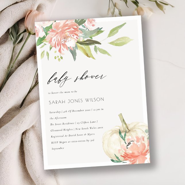 White Pumpkin Blush Bloral Baby Dusche laden Dankeskarte (Von Creator hochgeladen)