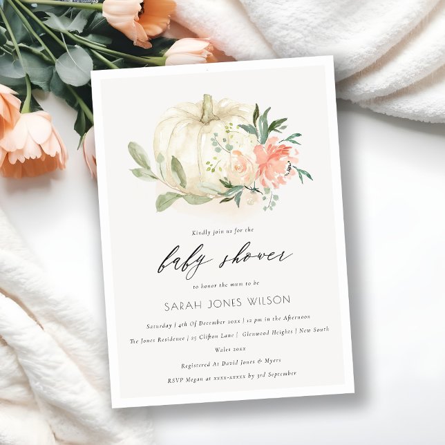 White Pumpkin Blush Bloral Baby Dusche laden Dankeskarte (Von Creator hochgeladen)