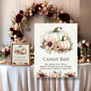 White Pumpkin Burgundy Fall Bloral Candy Bar Sign Poster