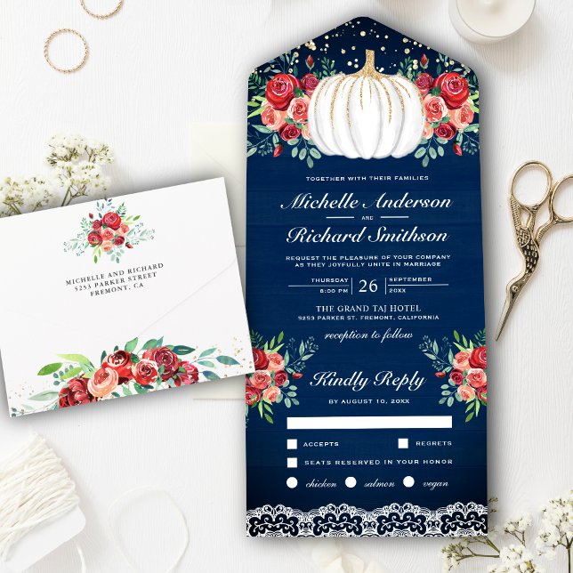 White Pumpkin Burgundy Floral Navy Blue Wedding All In One Einladung (Von Creator hochgeladen)