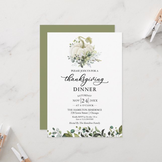 White Pumpkin Erntedank Dinner Einladung (Vorderseite/Rückseite Beispiel)