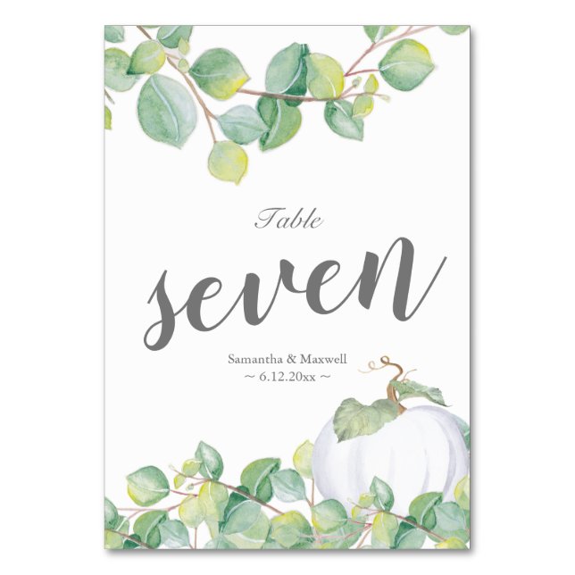 White Pumpkin Eucalyptus Wedding Tischnummer (Vorderseite)