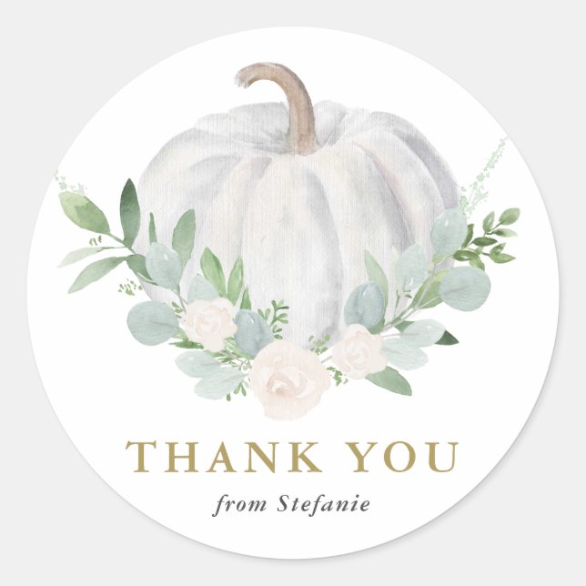 White Pumpkin Fall Baby Dusche Danke Runder Aufkleber (Vorderseite)
