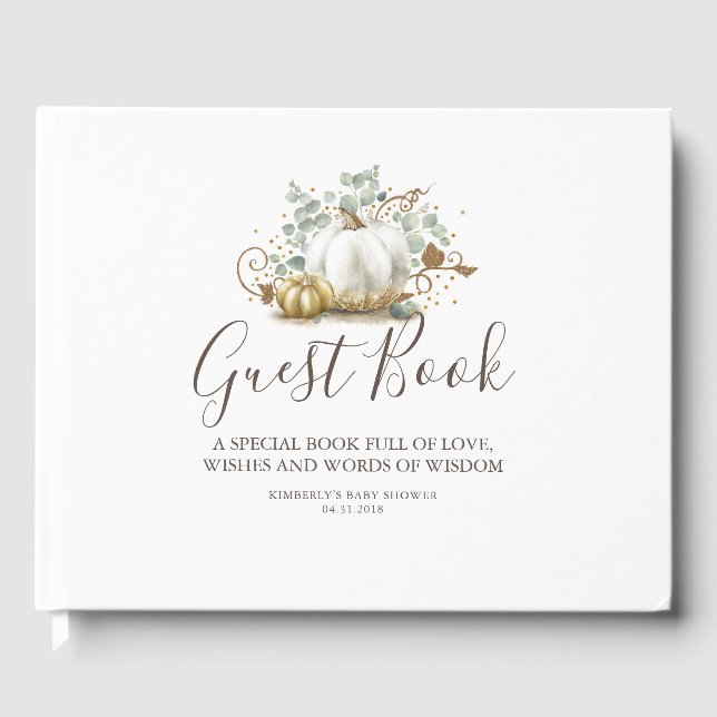 White Pumpkin Fall Baby Dusche Wünsche und Weishei Gästebuch (Vorderseite)