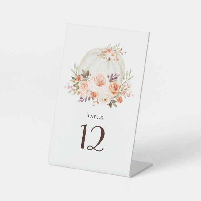 White Pumpkin Fall Blume Hochzeit Tischnummer Sockelschild (Vorderseite)
