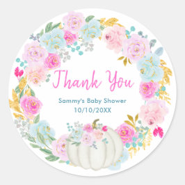White Pumpkin Floral Wreath Baby Shower Thank You Runder Aufkleber
