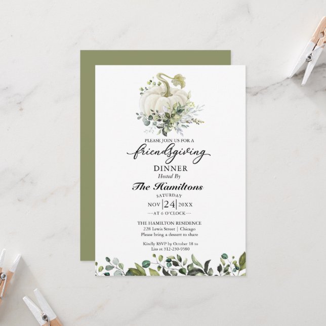 White Pumpkin Friendsgiving Dinner Einladung (Vorderseite/Rückseite Beispiel)