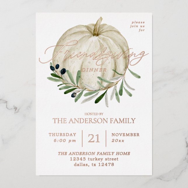White Pumpkin Friendsgiving Folieneinladung (Vorderseite)