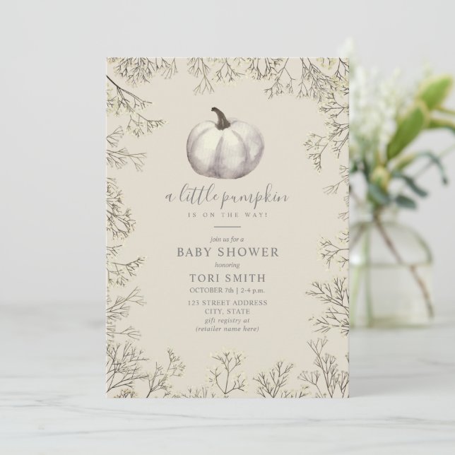 White Pumpkin & Gipskraut Fall Baby Dusche Inv Einladung (Stehend Vorderseite)