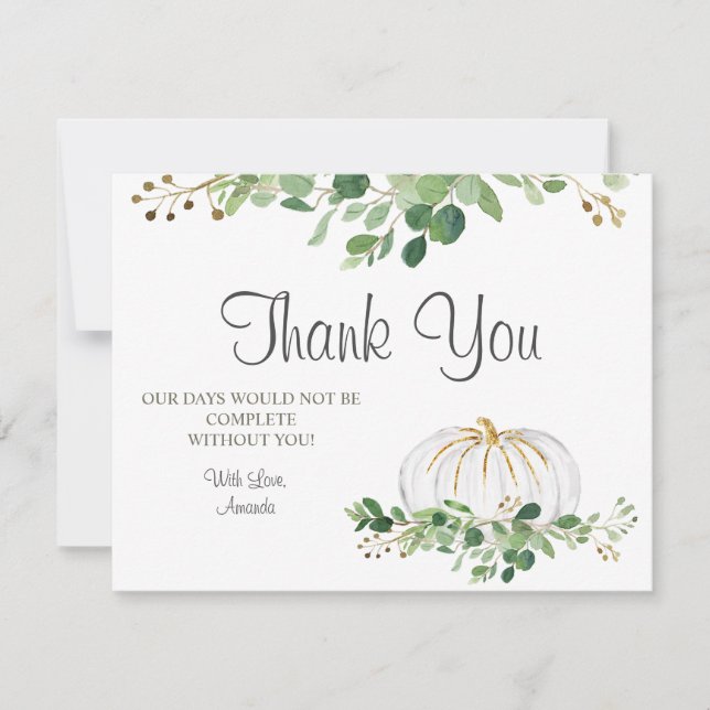 White Pumpkin Greenery Bloral Baby Shower Dankeskarte (Vorderseite)