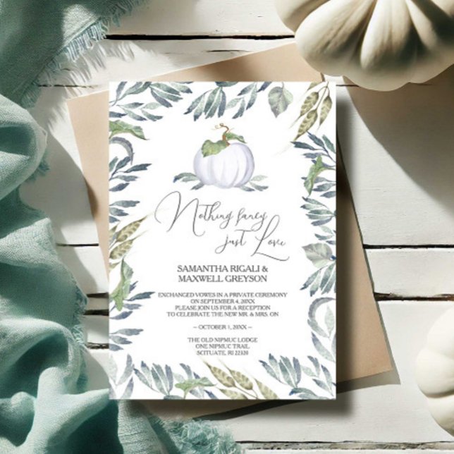 White Pumpkin Greenery Elopement Empfang Einladung (Reception invitation fall white pumpkin nothing fancy just love Victoria Grigaliunas VG Invites)