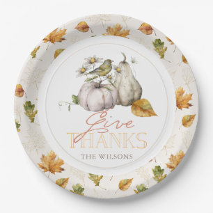 White Pumpkin Herbst Leaves Bird Erntedank Pappteller
