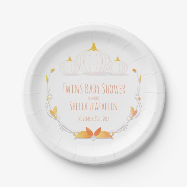 White Pumpkin Herbst Twins Baby Shower Paper Plate Pappteller (Vorderseite)