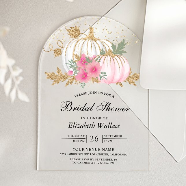 White Pumpkin Pink Floral Bridal Shower Acryleinladungen (Von Creator hochgeladen)