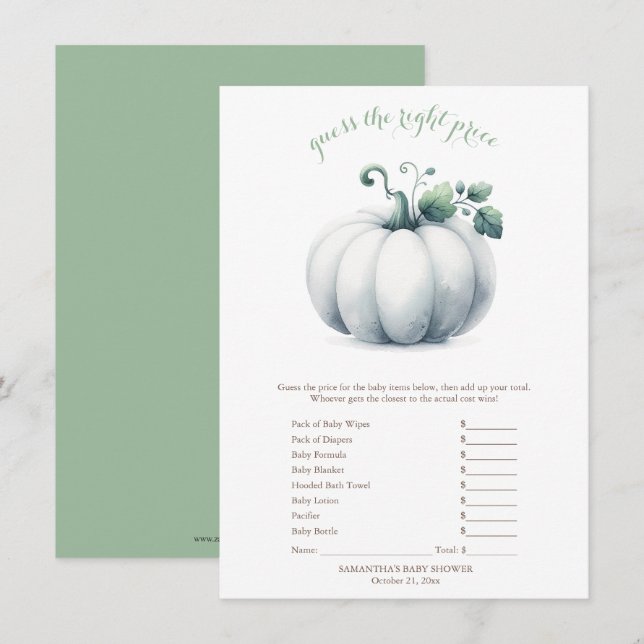 White Pumpkin Price Game Card - Fall Baby Dusche Einladung (Vorne/Hinten)