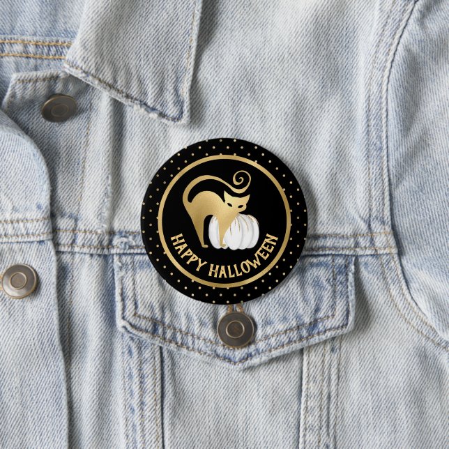 White Pumpkin und Gold Cat Polka Punkte Halloween Button (Beispiel)
